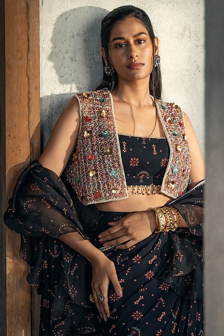 Midnight Black Organza & Georgette Butta Printed Wedding Saree Set by Kyross at Pernia's Pop Up Shop