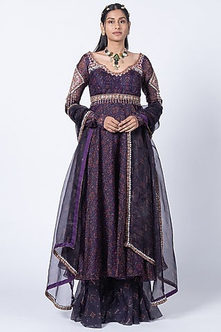 Deep Purple Organza Jaal Printed & Embroidered Anarkali Set by Kyross