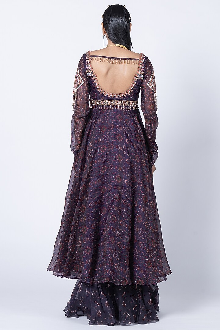 Deep Purple Organza Jaal Printed & Embroidered Wedding Anarkali Set by Kyross at Pernia's Pop Up Shop