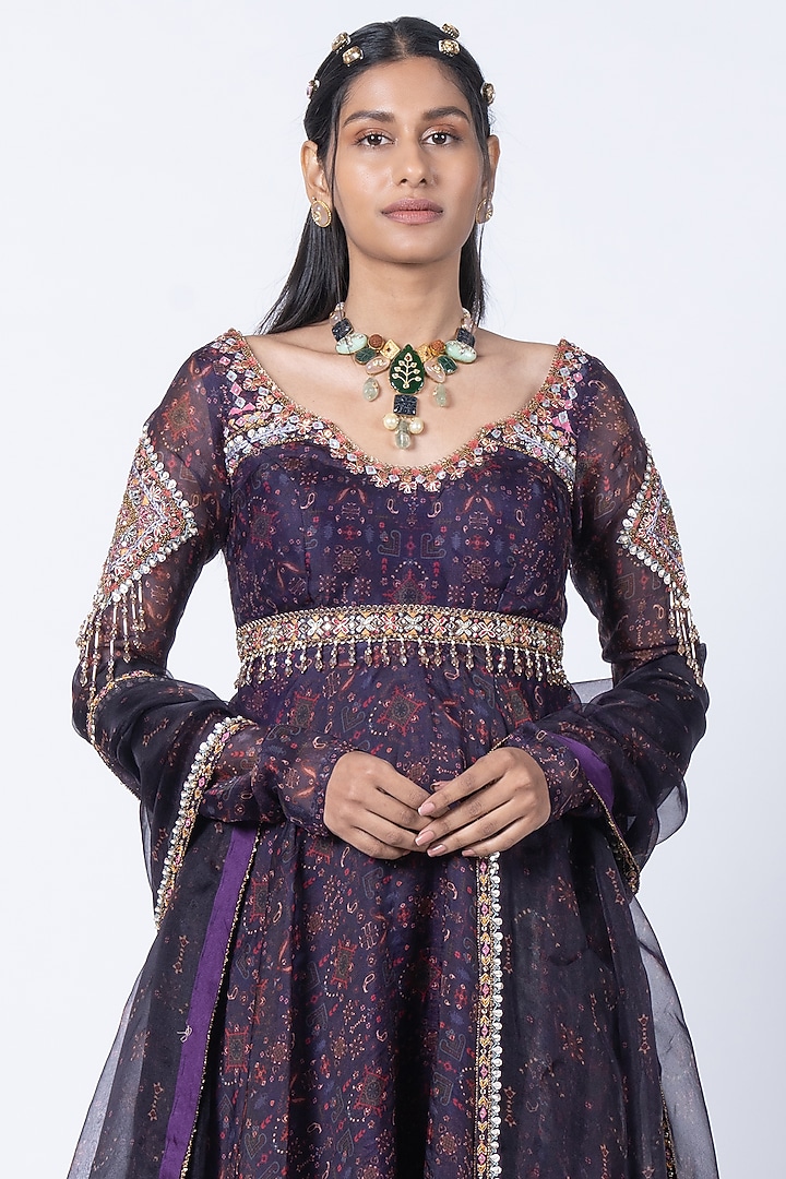 Deep Purple Organza Jaal Printed & Embroidered Wedding Anarkali Set by Kyross at Pernia's Pop Up Shop