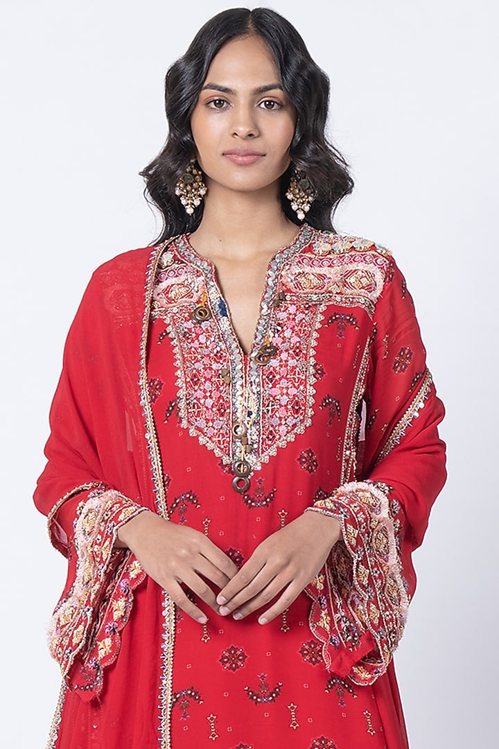 Tomato Red Georgette Embroidered & Butta Printed Kurta Set by Kyross at Pernia's Pop Up Shop