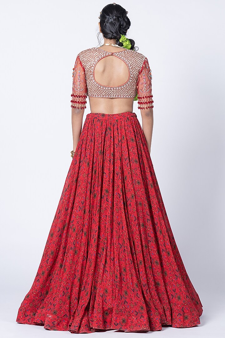 Deep Red Georgette Jaal Printed Wedding Lehenga Set by Kyross at Pernia's Pop Up Shop