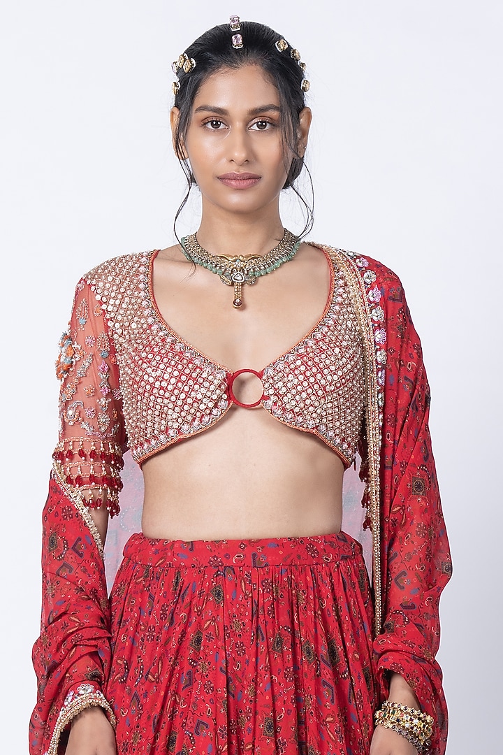 Deep Red Georgette Jaal Printed Wedding Lehenga Set by Kyross at Pernia's Pop Up Shop