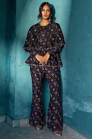 Black Silk Chanderi Embellished & Butta Printed Co-Ord Set by Kyross