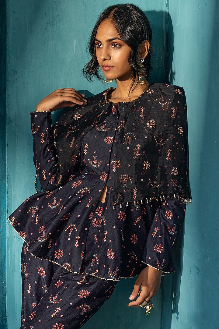 Black Silk Chanderi Embellished & Butta Printed Co-Ord Set by Kyross at Pernia's Pop Up Shop