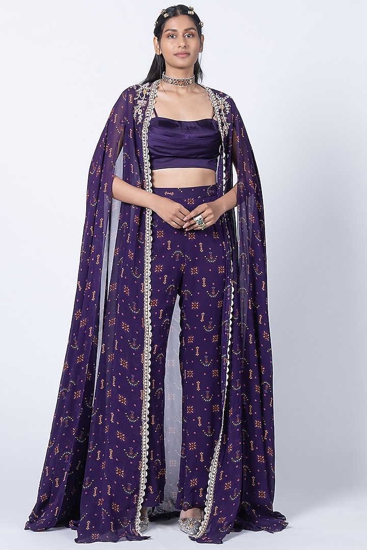 Purple Georgette Embellished & Butta Printed Cape Set by Kyross
