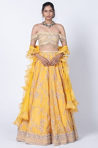 Yellow Organza Hand Embroidered Lehenga Set by Kyross