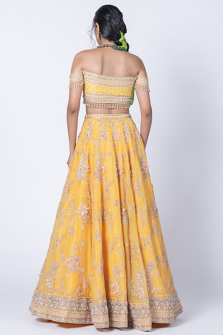 Yellow Organza Hand Embroidered Bridal Lehenga Set by Kyross at Pernia's Pop Up Shop
