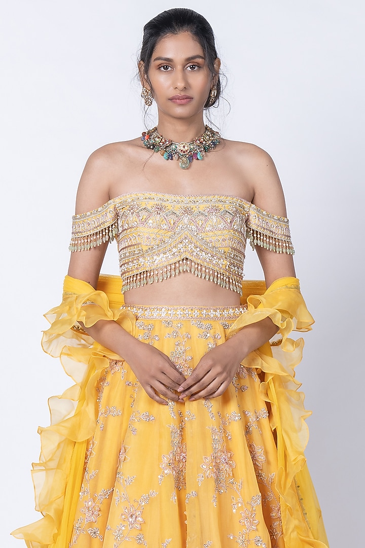 Yellow Organza Hand Embroidered Bridal Lehenga Set by Kyross at Pernia's Pop Up Shop