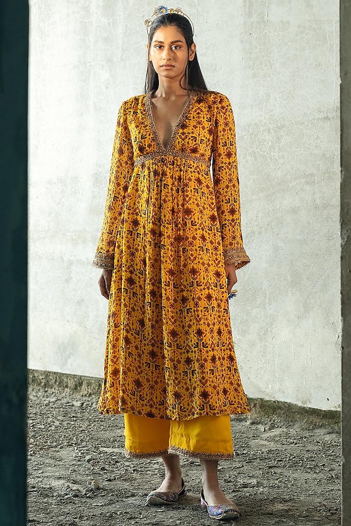 Yellow Georgette Jaal Printed & Embellished Kurta Set by Kyross