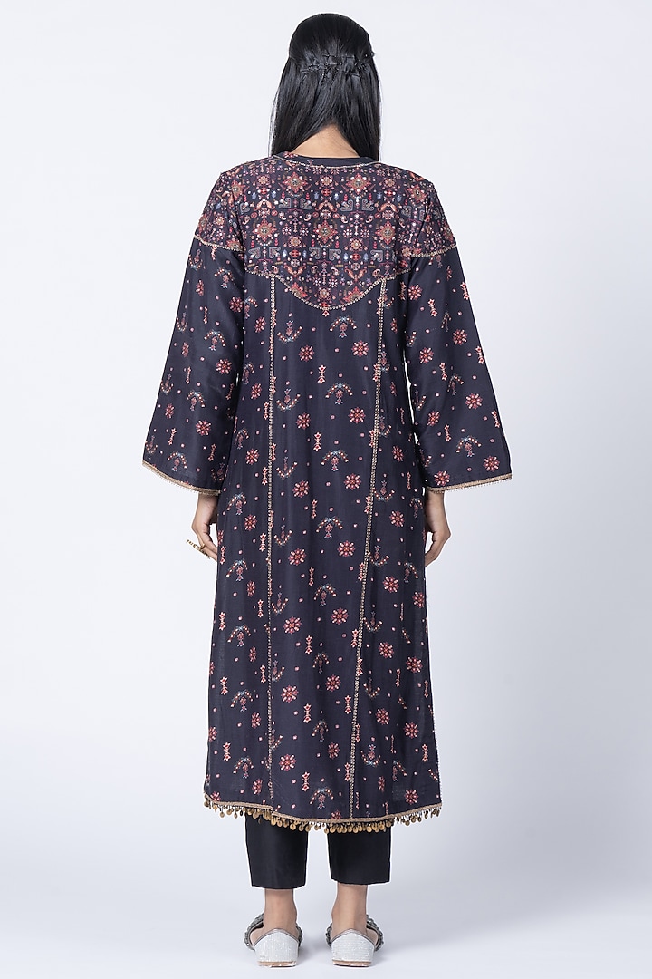 Black Silk Chanderi Embellished & Butta Printed Kurta Set by Kyross at Pernia's Pop Up Shop