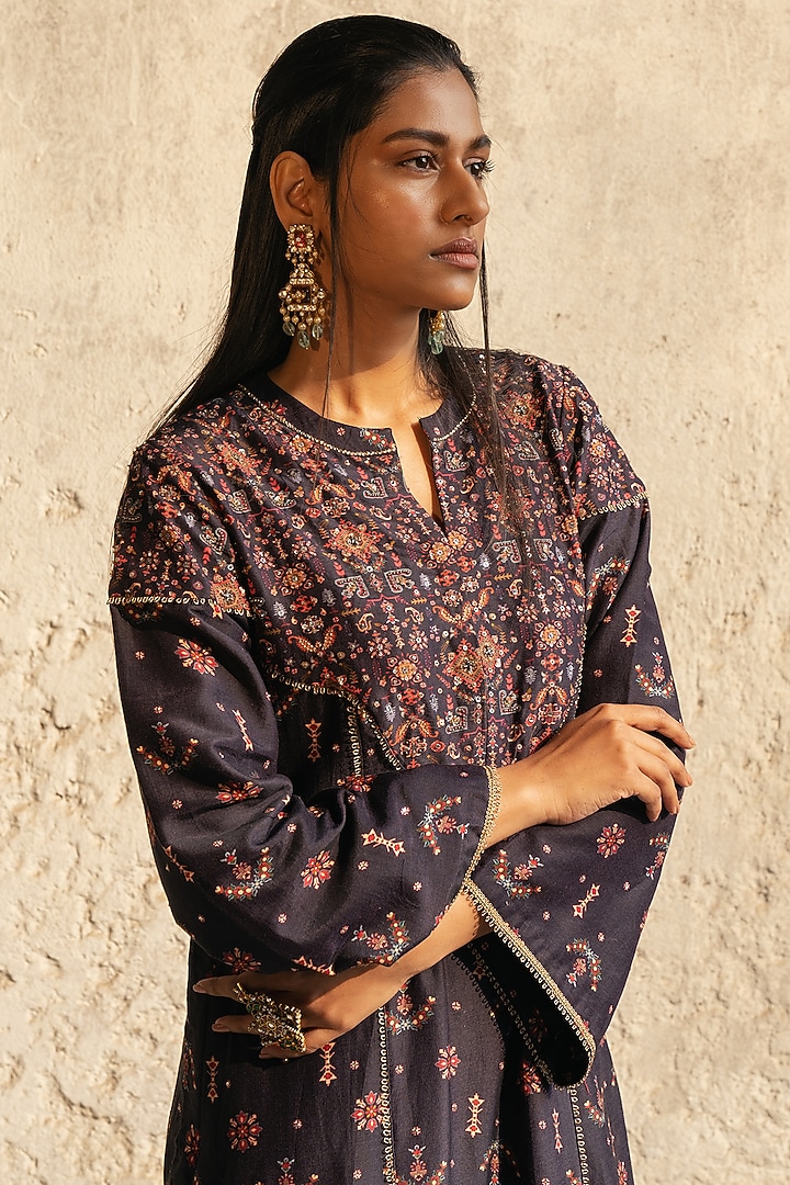 Black Silk Chanderi Embellished & Butta Printed Kurta Set by Kyross at Pernia's Pop Up Shop