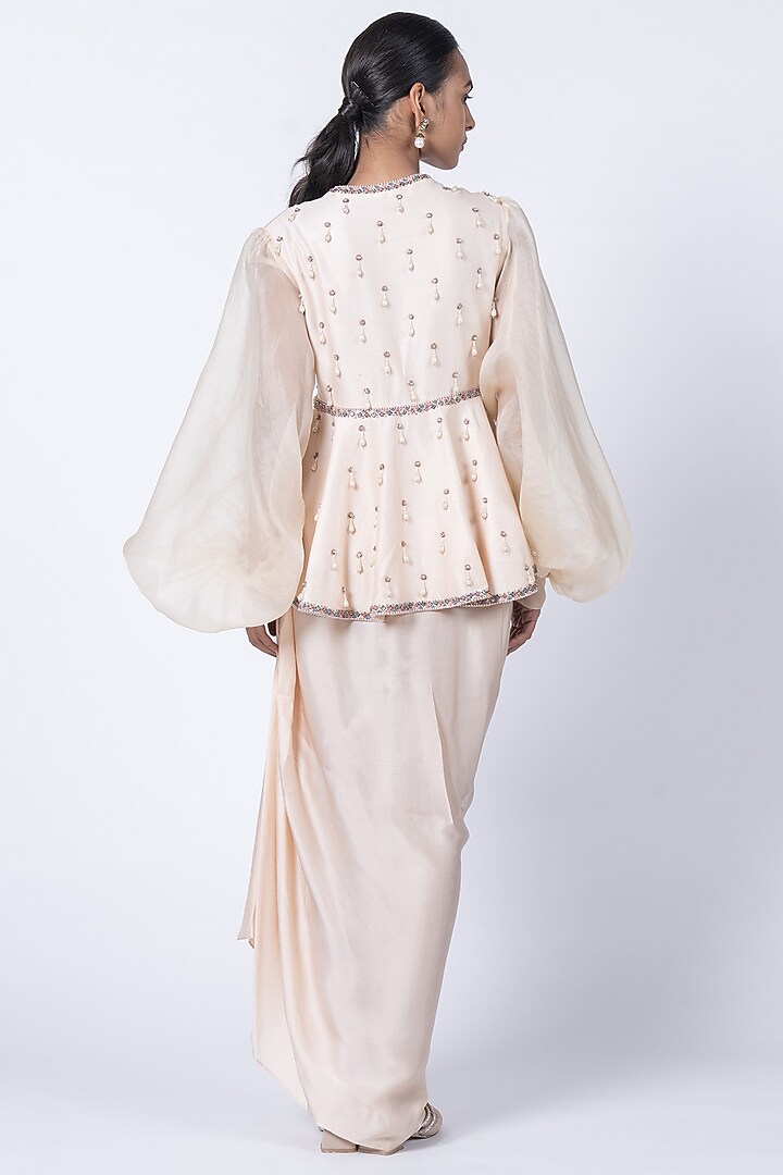 Ivory Silk Satin Draped Skirt Set by Kyross at Pernia's Pop Up Shop