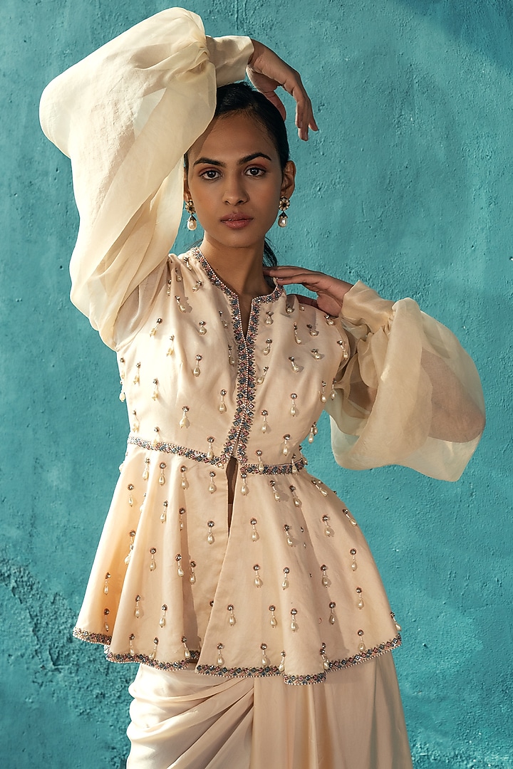 Ivory Silk Satin Draped Skirt Set by Kyross at Pernia's Pop Up Shop