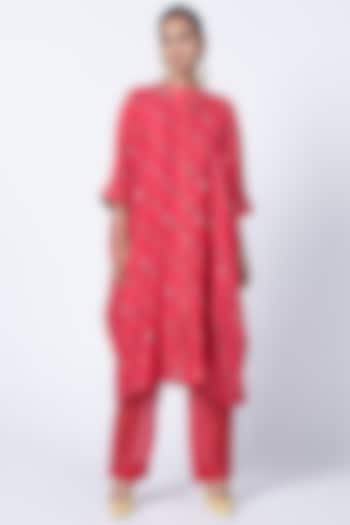 Red Silk Chanderi & Organza Sheer Pant Set by Kyross