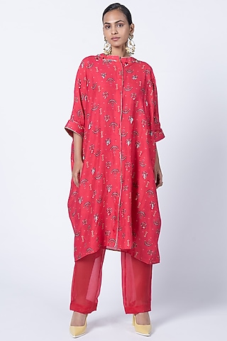 Red Silk Chanderi & Organza Sheer Pant Set by Kyross