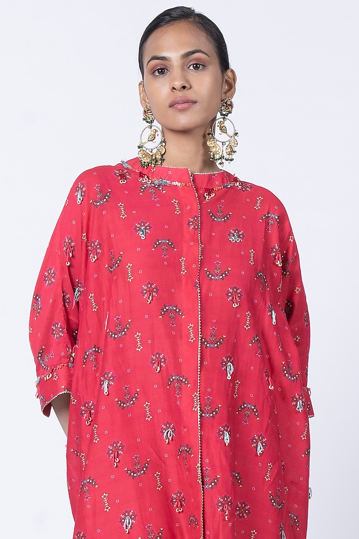 Red Silk Chanderi & Organza Sheer Pant Set by Kyross at Pernia's Pop Up Shop