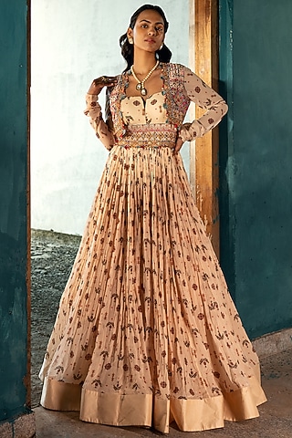 Ivory Georgette Embroidered Anarkali With Gilet by Kyross