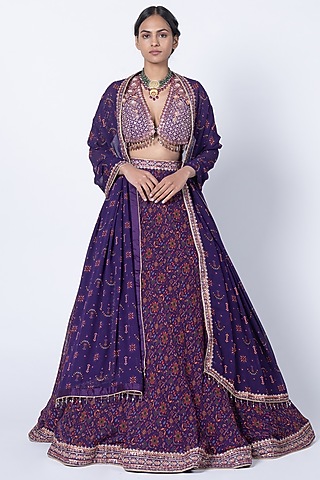 Purple Georgette Jaal Printed Lehenga Set by Kyross
