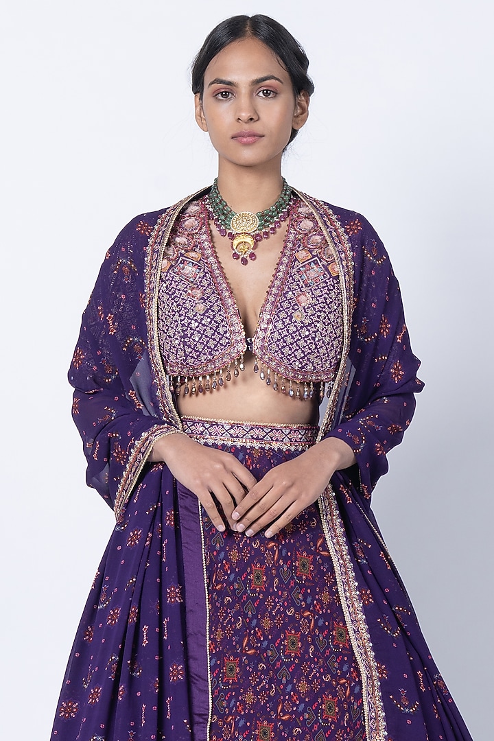 Purple Georgette Jaal Printed Wedding Lehenga Set by Kyross at Pernia's Pop Up Shop