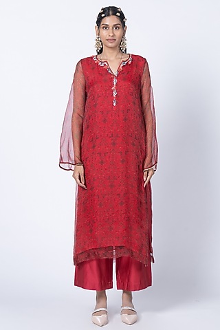 Red Organza Jaal Printed & Embellished Kurta Set by Kyross