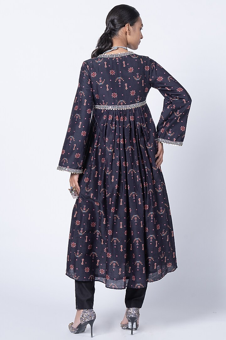 Black Silk Chanderi Embellished & Butta Printed Kurta Set by Kyross at Pernia's Pop Up Shop