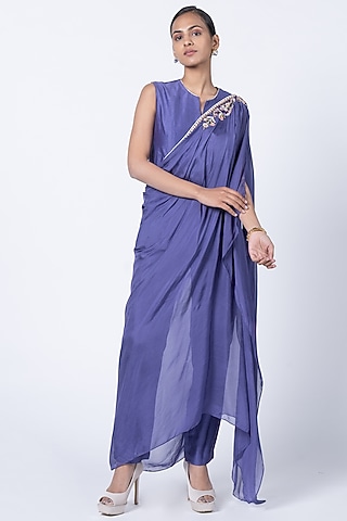 Purple Silk Chanderi Embroidered Co-Ord Set by Kyross
