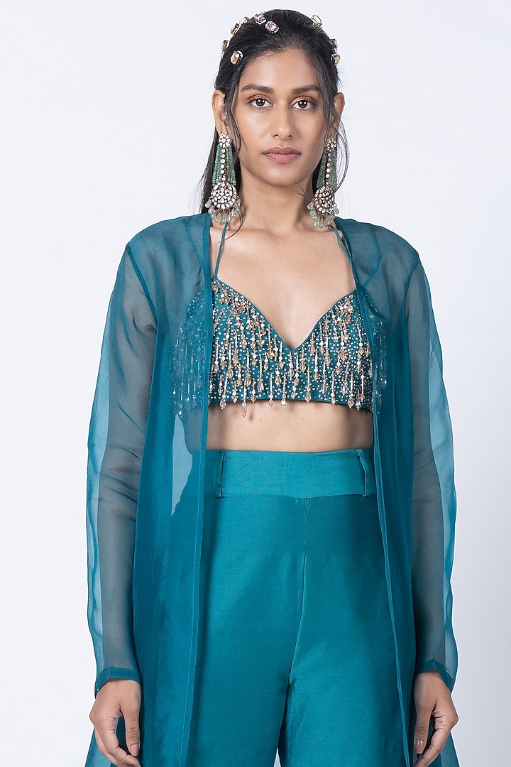 Teal Silk Sheer Cape Set by Kyross at Pernia's Pop Up Shop