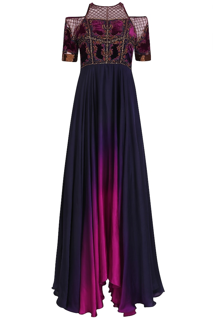 Navy Blue and Purple Embroidered Ombre High Low Gown by Kartikeya