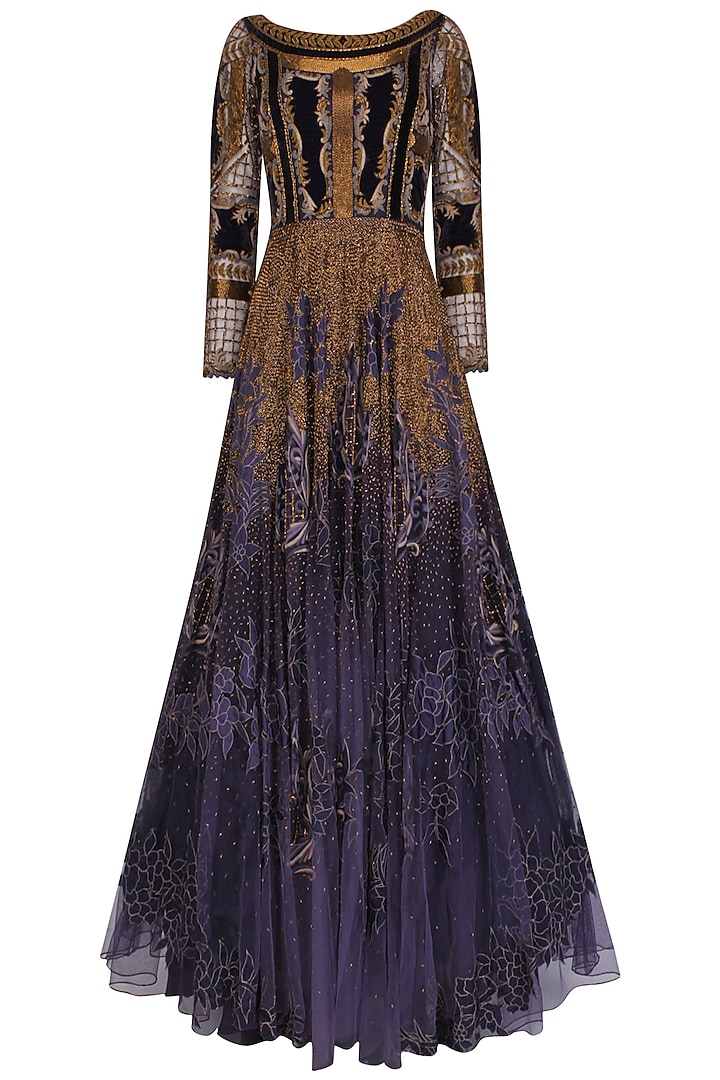 Charcoal Grey and Gold Appique Work Maison Tool Gown by Kartikeya