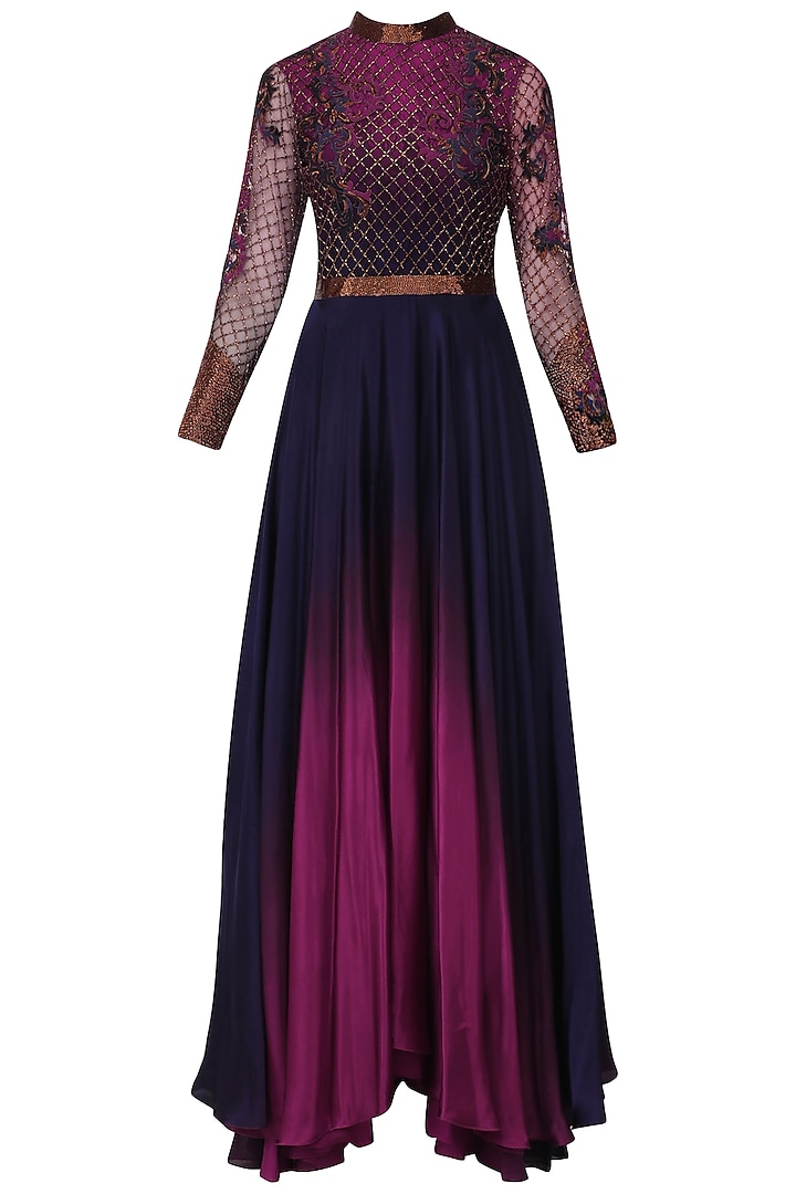 Navy Blue and Red Jaal Embroidered Ombre Shaded Gown by Kartikeya