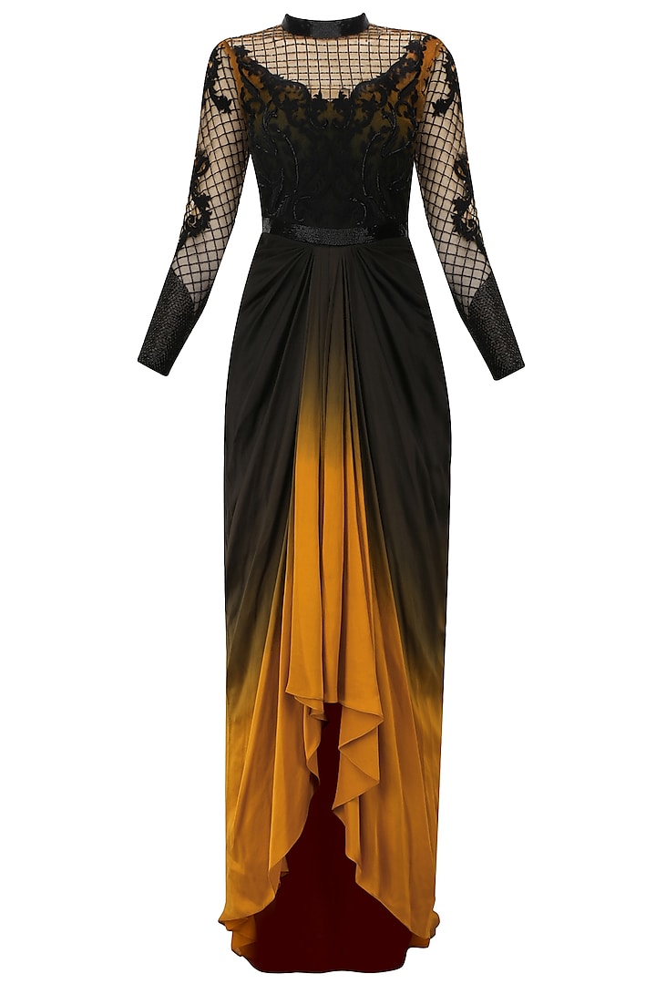 Black and Ochre Tool Palais Garnier Motif Gown by Kartikeya