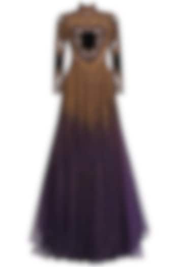 Charcoal grey and gold threadwork armour louvre tool gown available only at Pernia's Pop Up Shop.