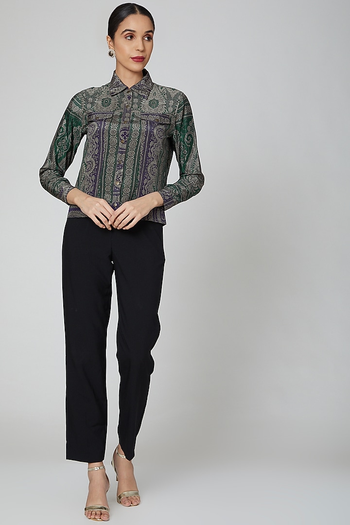 Forest Green & Violet Blue Printed Jacket by Kartikeya at Pernia's Pop Up Shop