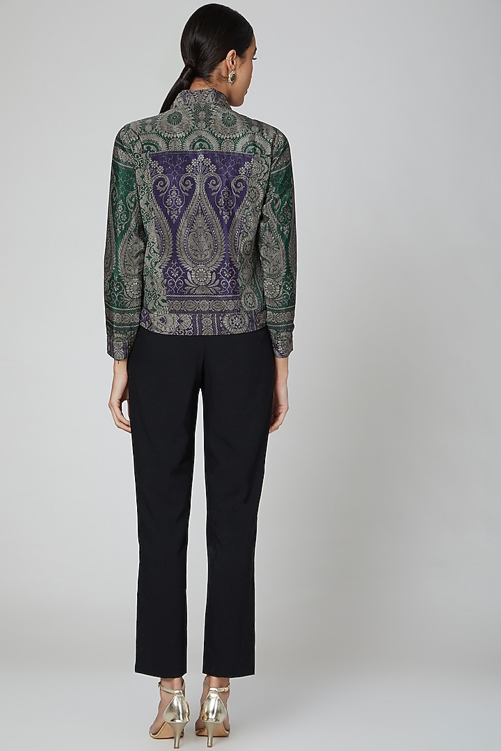 Forest Green & Violet Blue Printed Jacket by Kartikeya at Pernia's Pop Up Shop