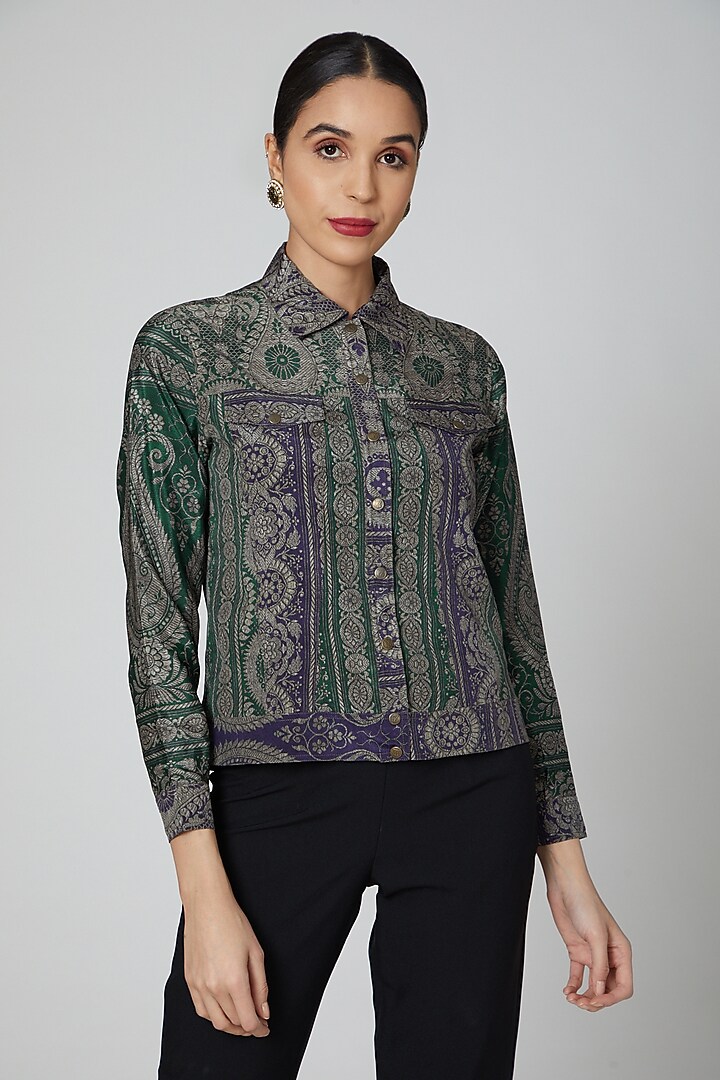 Forest Green & Violet Blue Printed Jacket by Kartikeya at Pernia's Pop Up Shop