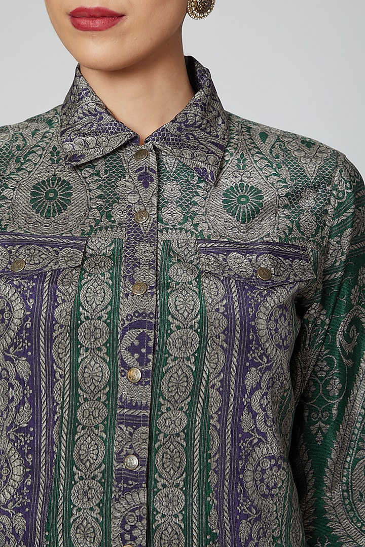 Forest Green & Violet Blue Printed Jacket by Kartikeya at Pernia's Pop Up Shop