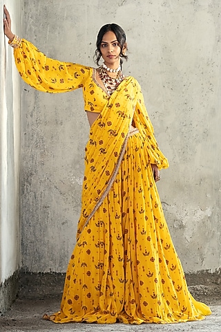 Yellow Georgette & Organza Butta Printed Saree Set by Kyross