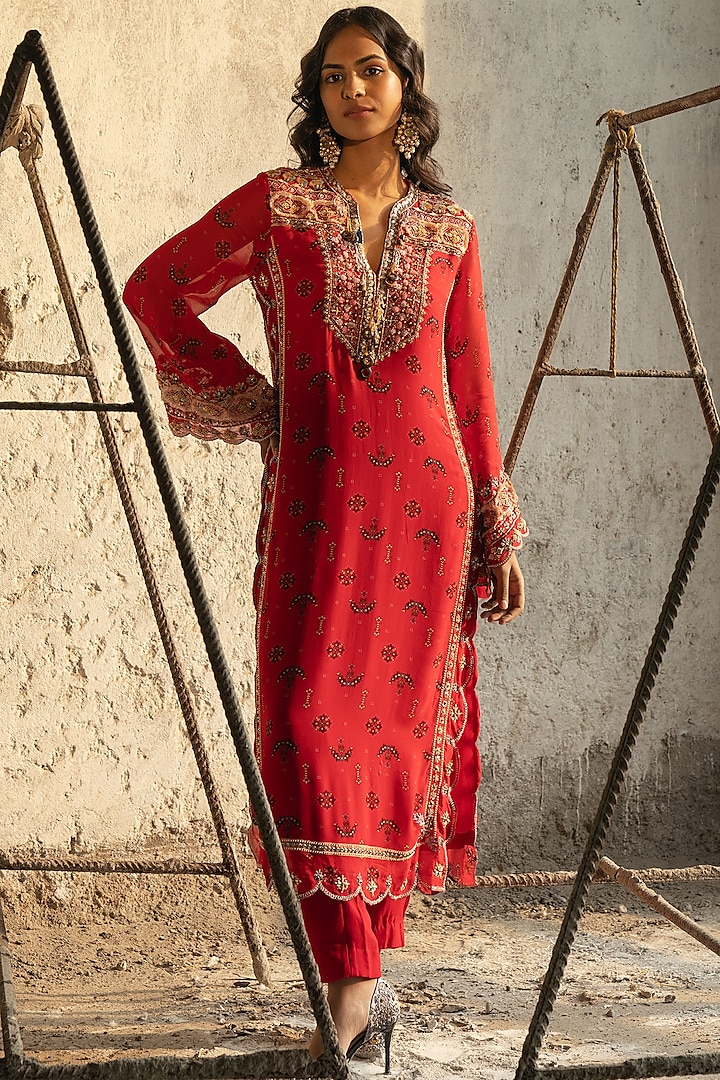 Tomato Red Georgette Embroidered & Butta Printed Kurta Set by Kyross