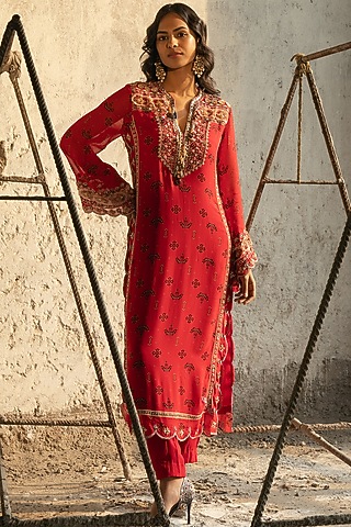 Tomato Red Georgette Embroidered & Butta Printed Kurta Set by Kyross