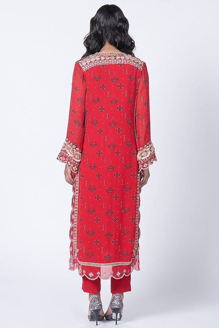 Tomato Red Georgette Embroidered & Butta Printed Kurta Set by Kyross at Pernia's Pop Up Shop