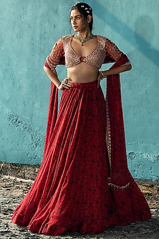 Deep Red Georgette Jaal Printed Lehenga Set by Kyross