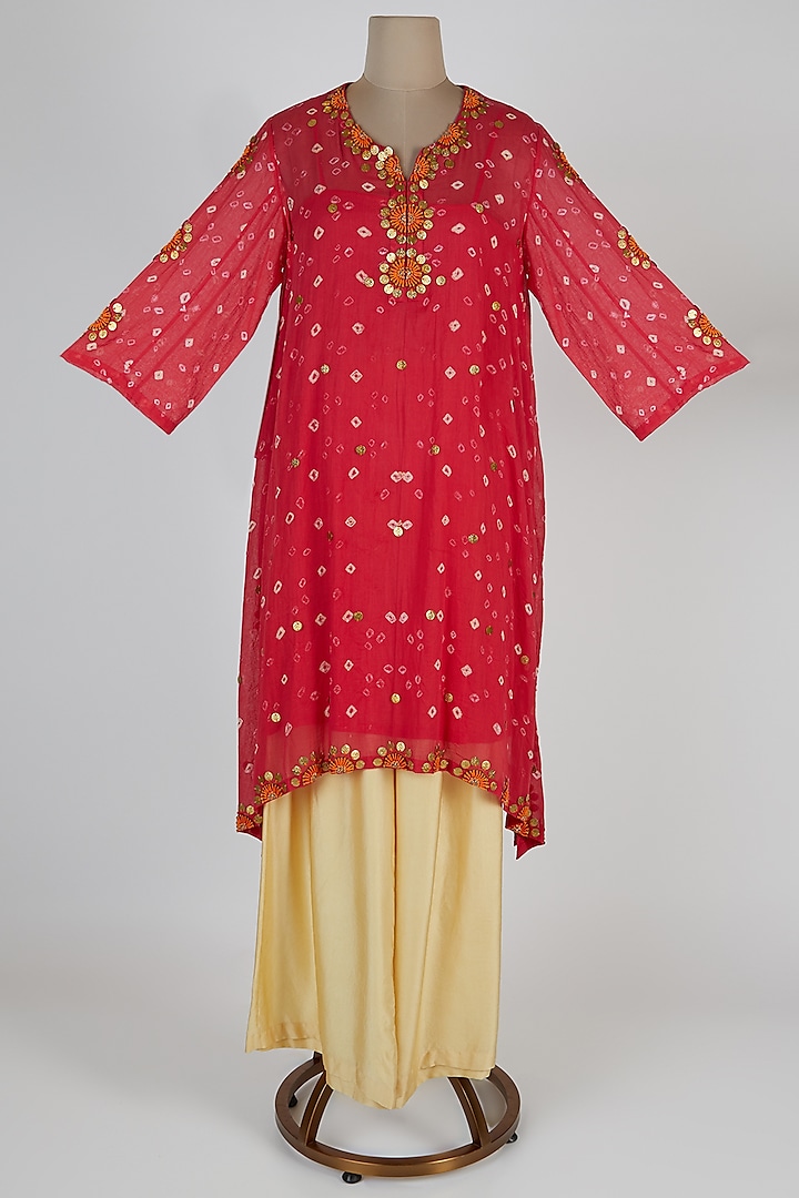 Coral Red Embroidered Kurta With Pants by Kunza