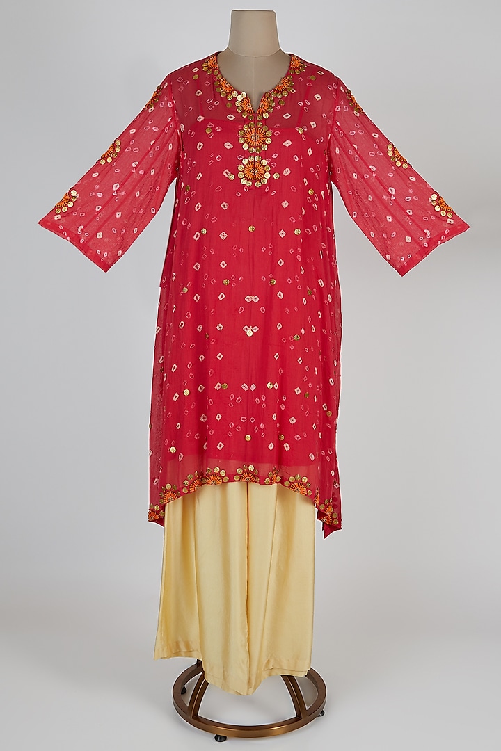 Coral Red Embroidered Kurta With Pants by Kunza at Pernia's Pop Up Shop