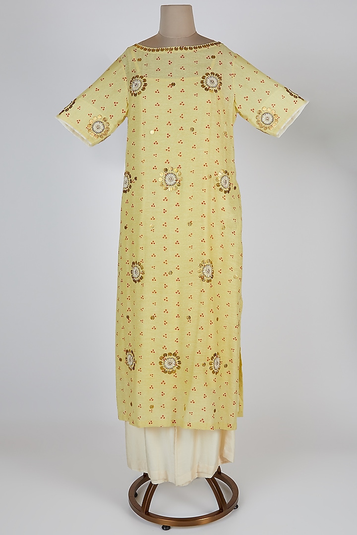 Lemon Yellow Embroidered Kurta With Pants by Kunza