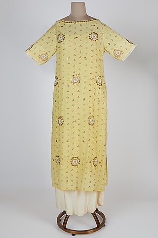 Lemon Yellow Embroidered Kurta With Pants by Kunza