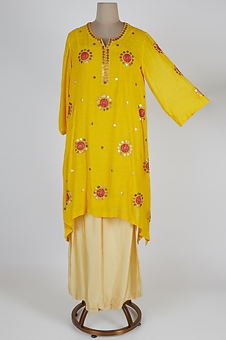Yellow Embroidered Kurta With Pants by Kunza