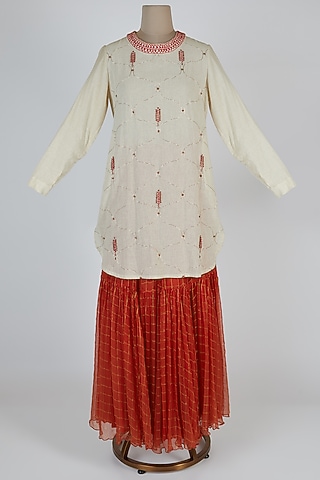 Ivory & Red Sharara Set by Kunza