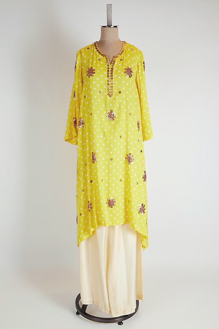 Yellow Embroidered Kurta With Bottoms by Kunza at Pernia's Pop Up Shop