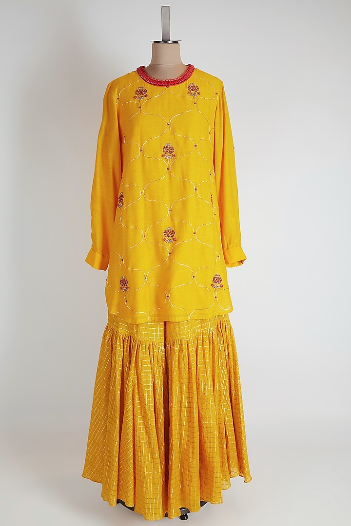 Mustard Embroidered Sharara Set by Kunza at Pernia's Pop Up Shop